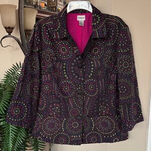 Chico's Embroidered Geometric Button Up Lined Blazer Black Multicolored Jacket